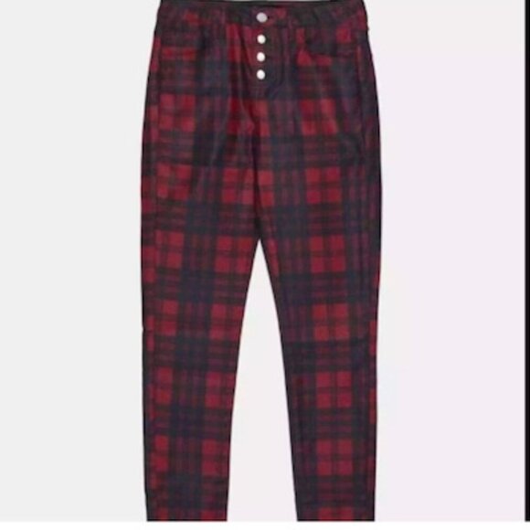 ZARA Red & Black Tartan Button Fly Mid-Rise Skinny Jeans – Size 6 – NWOT - Picture 2 of 9